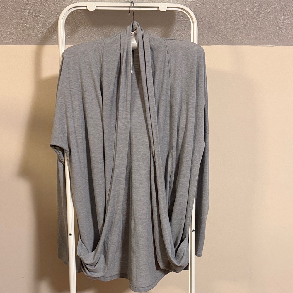 Lucy shawl collar cascade drape open front jersey knit grey sweater jacket  - S